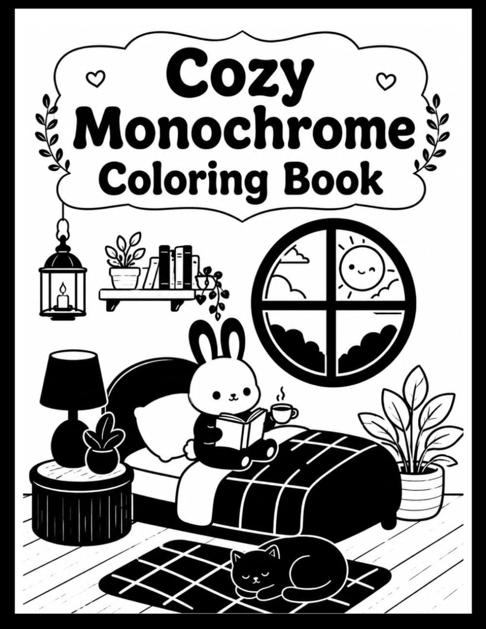 Cozy monochrome coloring book : 50 Cute and Relaxing Monochrome Illustrations for Stress Relief .