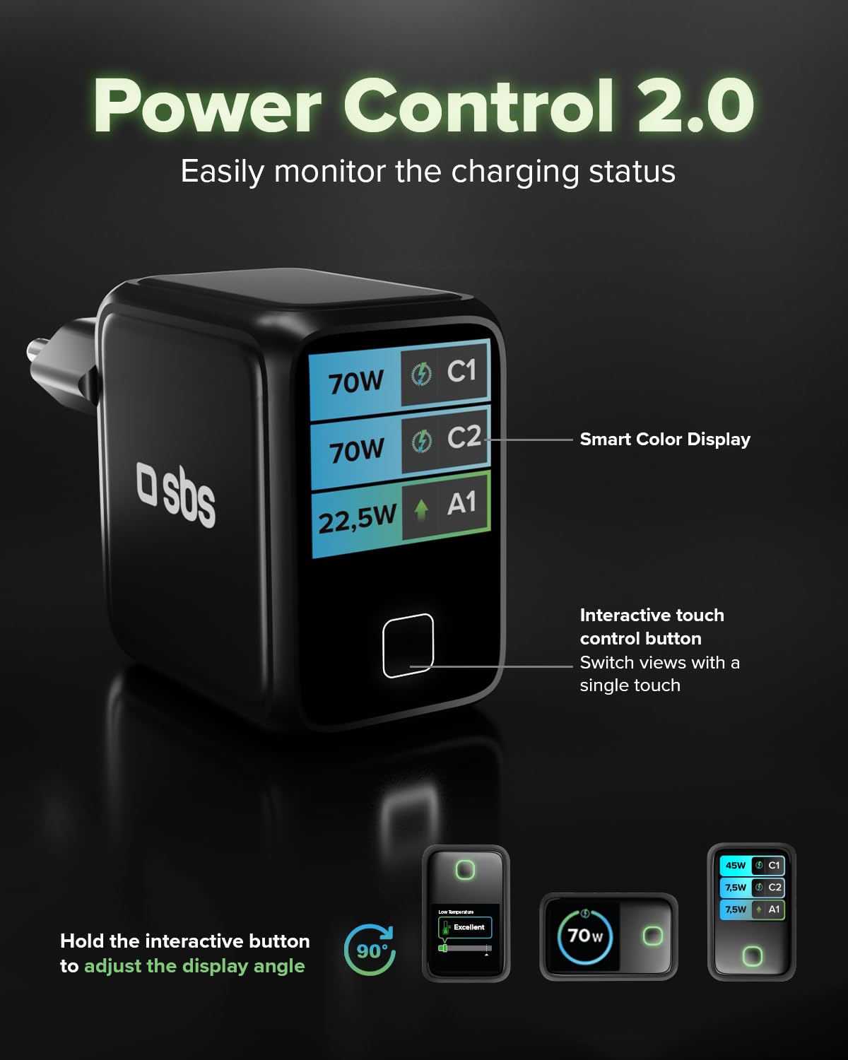 SBS Pulse Power 70 W USB-C, GaN Technology, Power Delivery (PD 3.0 PPS), inteligentny wyświetlacz AI, sterowanie dotykowe, AFC, szybkie ładowanie, do Laptopa, Tabletu, iPhone’a i Androida