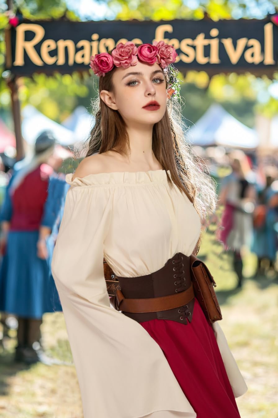 Renaissance Costume Women Ren Faire Outfit Medieval Skirt Dress with Corset Belt Pouch Coin Purse Skirt Hike 7PC - Image 6