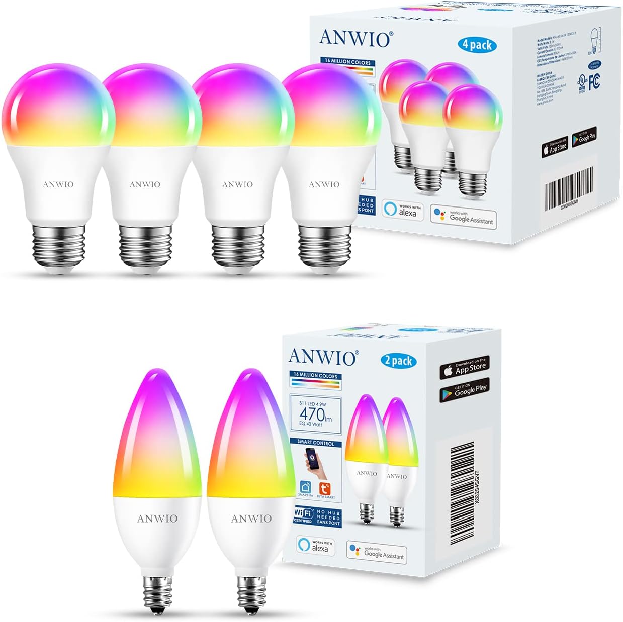 ANWIO A19 4Pack Smart Light Bulbs 8.5W (60W Replacement), B11 Smart