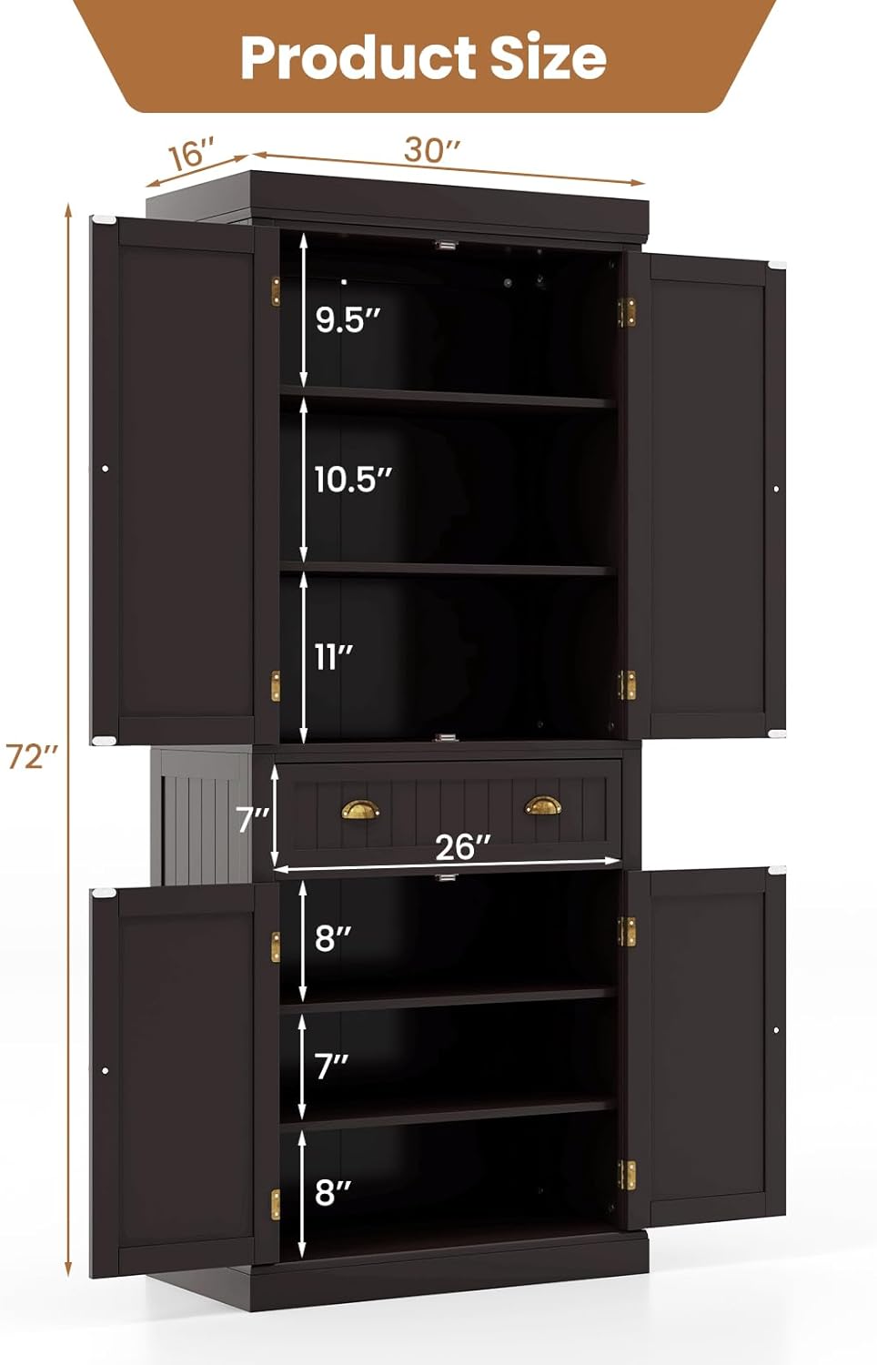 Giantex Pantry Organizers and Storage, 72" Tall Kitchen Cabinet with 2-Door Cabinets & Drawer, Buffet Sideboard w/Adjustable Shelves, Wooden Freestanding Cupboard for Dining Room Living Room (Brown)