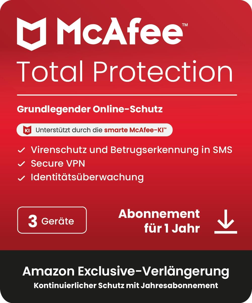 McAfee Total Protection 2026 (3 Geräte), 12 Monate Amazon Exklusiv | Virenschutz, VPN, Betrugsschutz, Sicherheitssoftware| Amazon Abonnement mit automatischer Verlängerung
