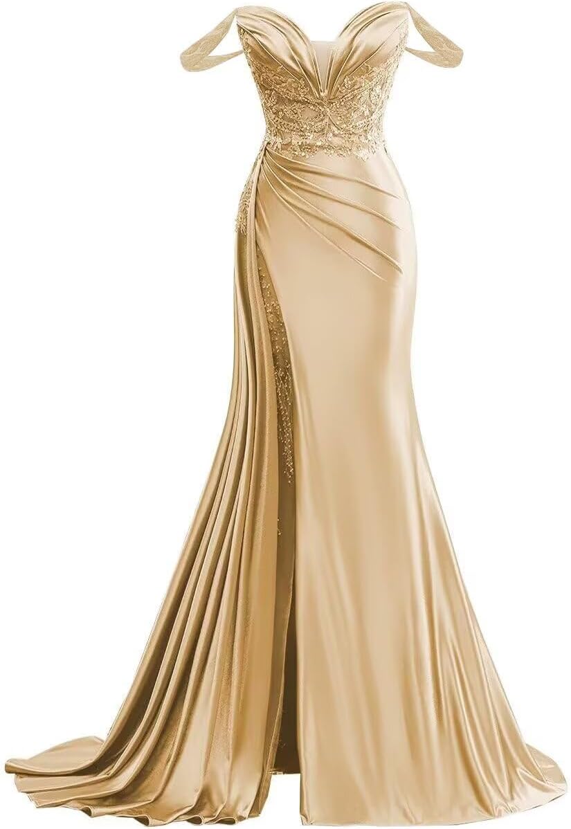 Off Shoulder Satin Prom Dresses Long 2025 Beaded Formal Dresses Pleated Evening Party Gown with Slit Tail