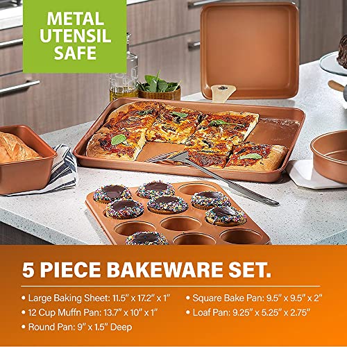 Gotham Steel Copper Cast Cookware & Bakeware Ultra Nonstick Durable Coating – Includes Fry, Stock Pots Baking Pans, 15 Piece Set, Brown #TOP5