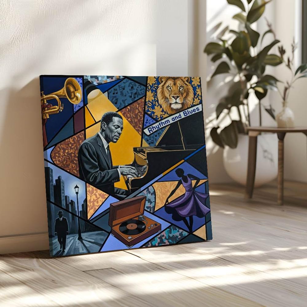 Rhythm and Blues Poster Bild Leinwand, Jazz Piano Wandbild, Zeitgenössische Kunst, Musikzimmer Musik Deko Geschenk, Bar oder Lounge Kunstdruck, Vintage Vinyl Kunst