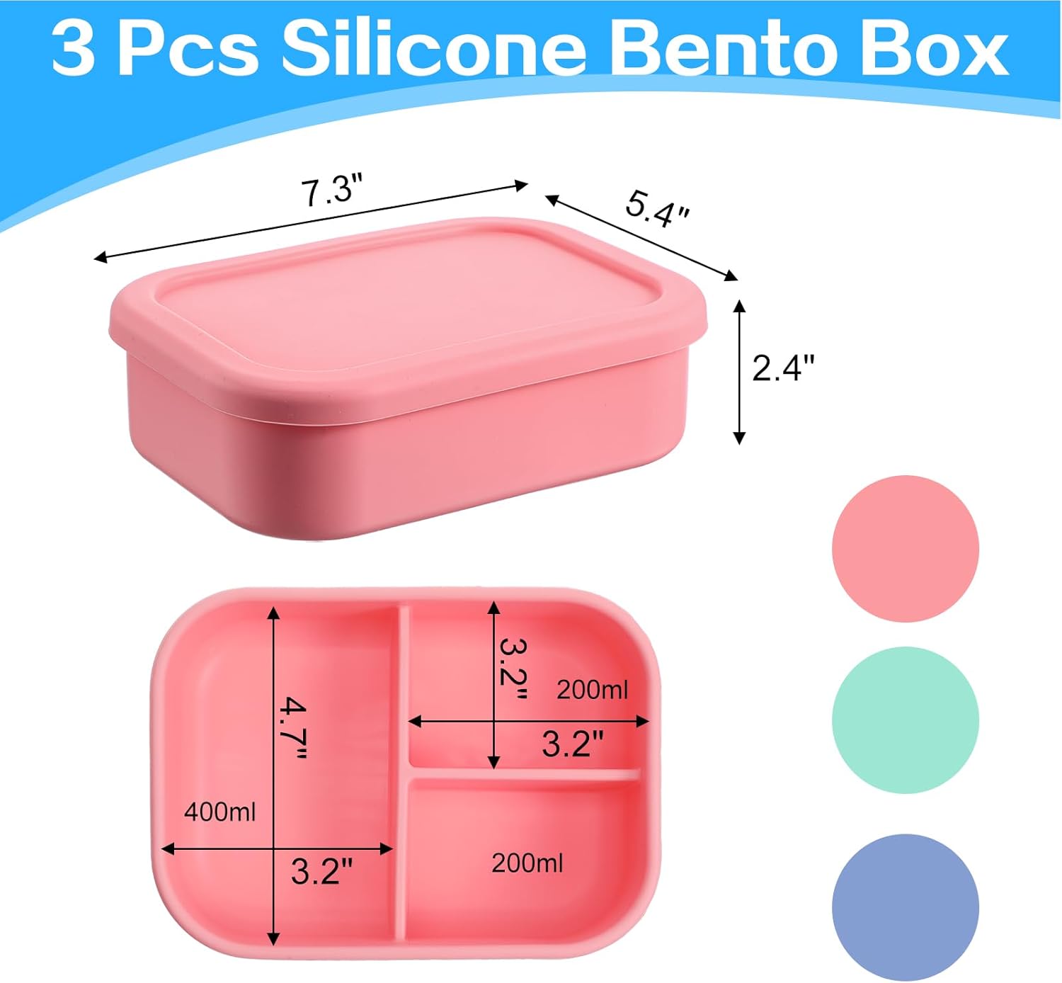 3 Pcs Silicone Bento Box, Reusable 3 Compartment Silicone Bento Lunch Container for Adults, Microwave Dishwasher Freezer Safe (Dark Colors)