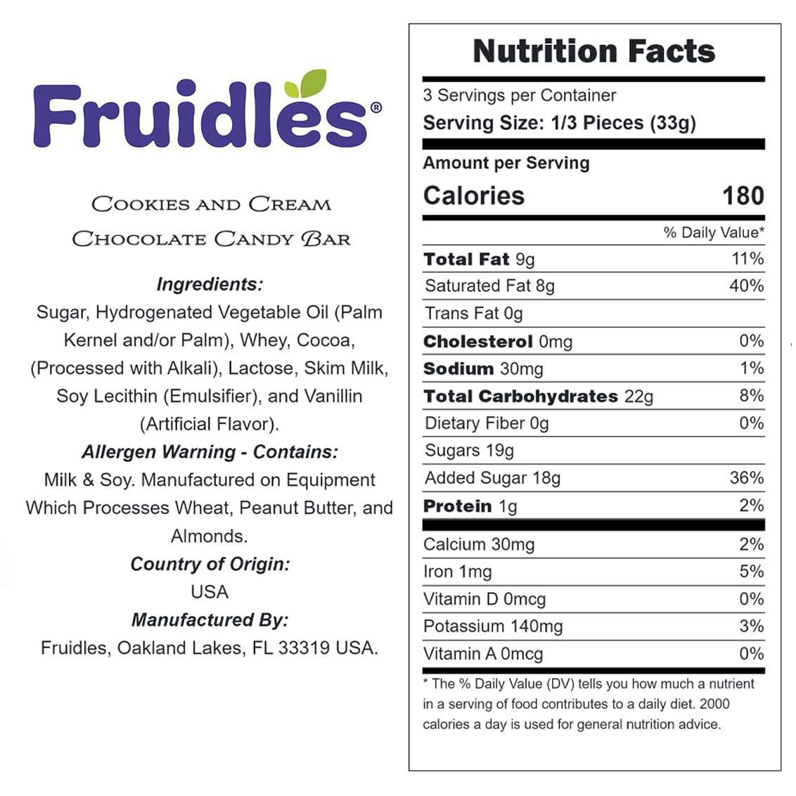 Fruidles Cookies & Cream Bark Bar, Holiday Favorite Kosher Certified, Individually Wrapped Bars, 3.5oz (6-Pack)