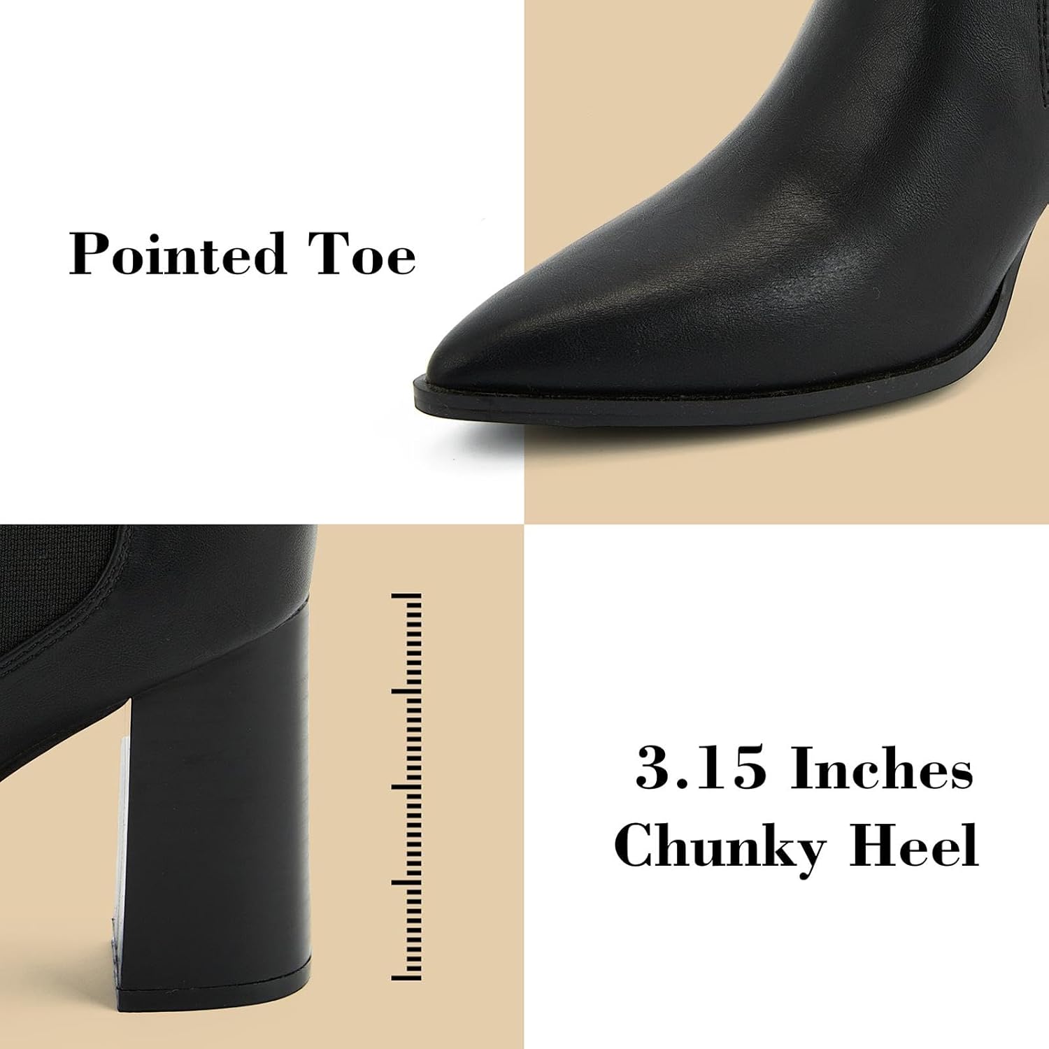 Putu Women's Pointed Toe Ankle Boots Chunky Heel Chelsea Boots Pull on Heeled Booties with Elastic Gore - Image 3