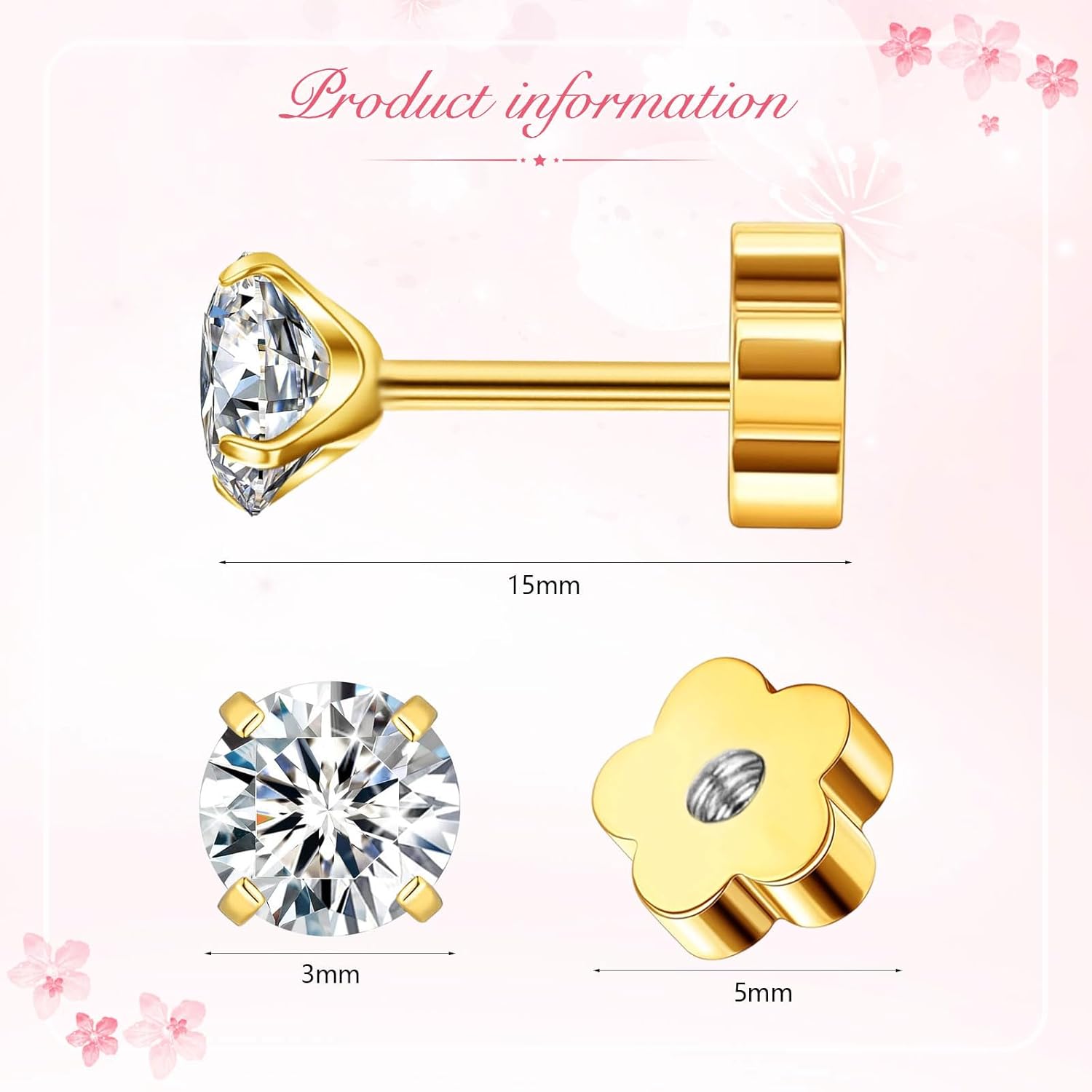 Flower Screw Back Birthstone Stud Earrings for Women Girls, 3mm G23 Tiny CZ Flat Back Stud Earrings, Screw Back Helix Earrings - Image 4