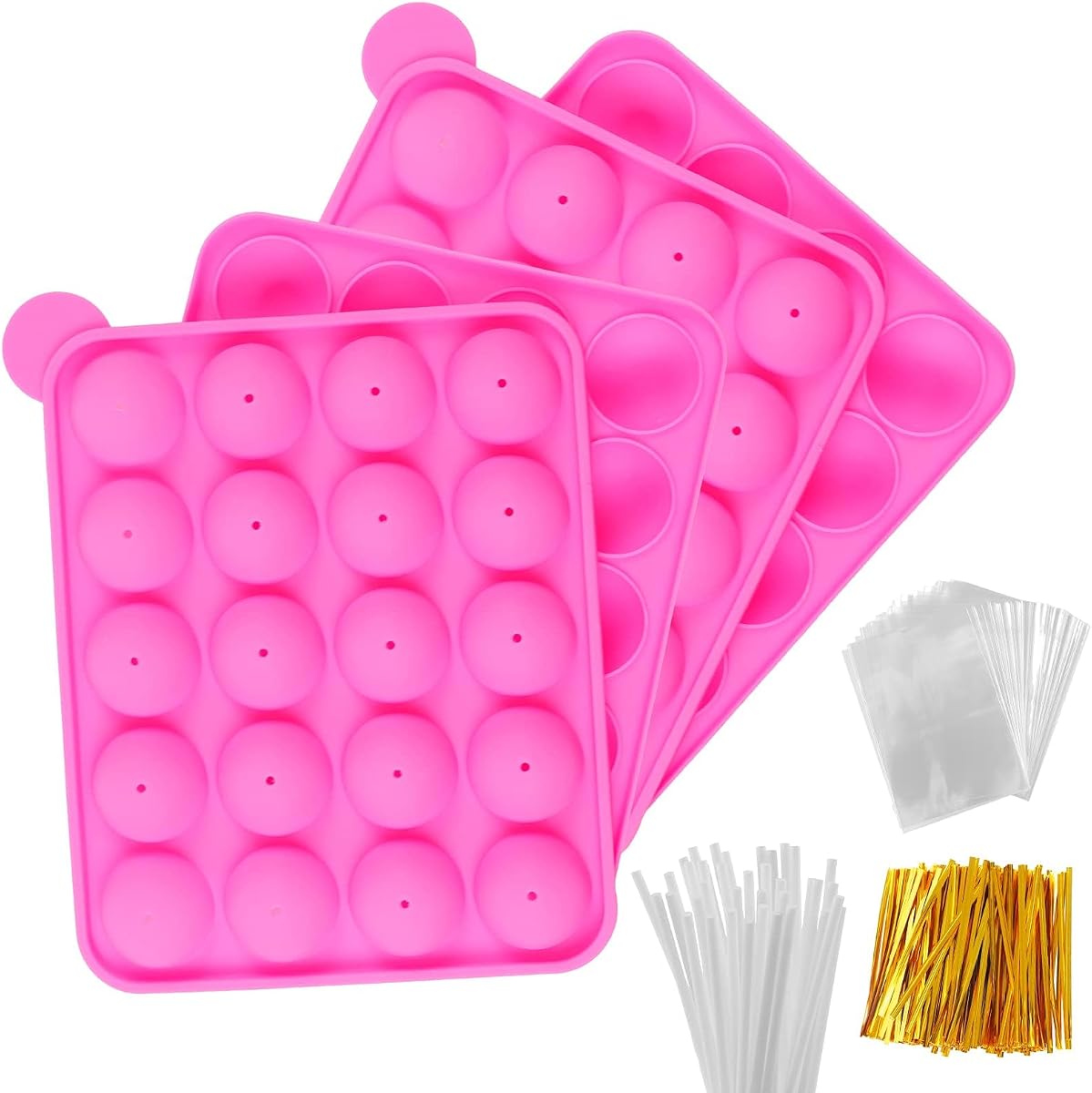 Silicone Cake Pop Mold Set - 2 Pack Lollipop Molds Kit with 40 Cake Pop Sticks, 100 Candy Treat Bags, and 100 Gold Twist Ties, Great For Chocolate Lollipop, Candy, Cake Pops