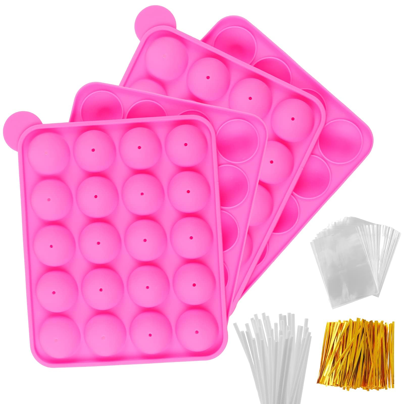 Nice Kitchen Molde de silicona para tartas con 40 cavidades, juego de 40 palitos de piruleta, 100 bolsas transparentes, 100 lazos dorados y dos juegos de moldes para hornear, fiesta