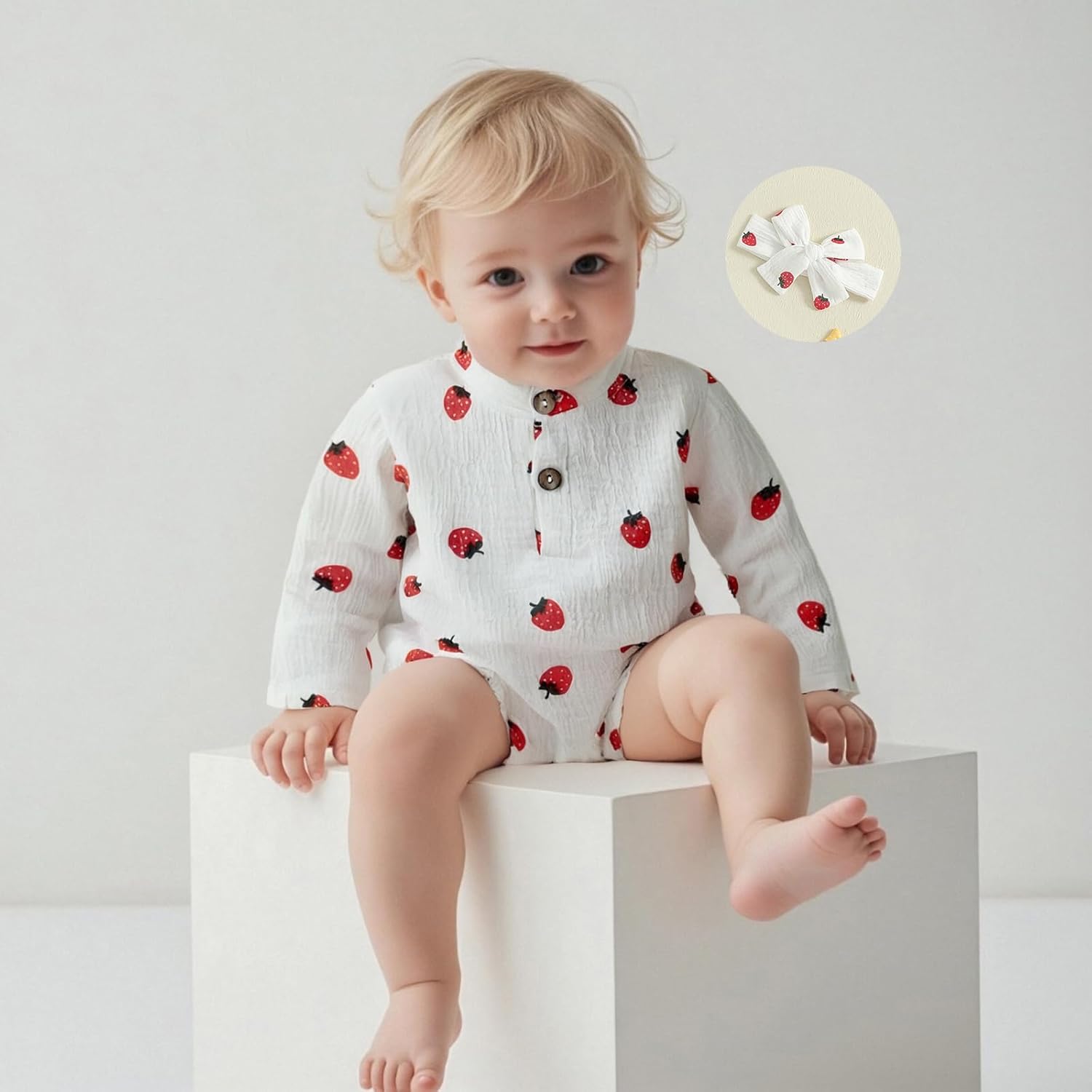 Infant Newborn Baby Girl Fall Winter Outfit Long Sleeve Romper Strawberry Print Bodysuit Cotton Linen Clothes - Image 3