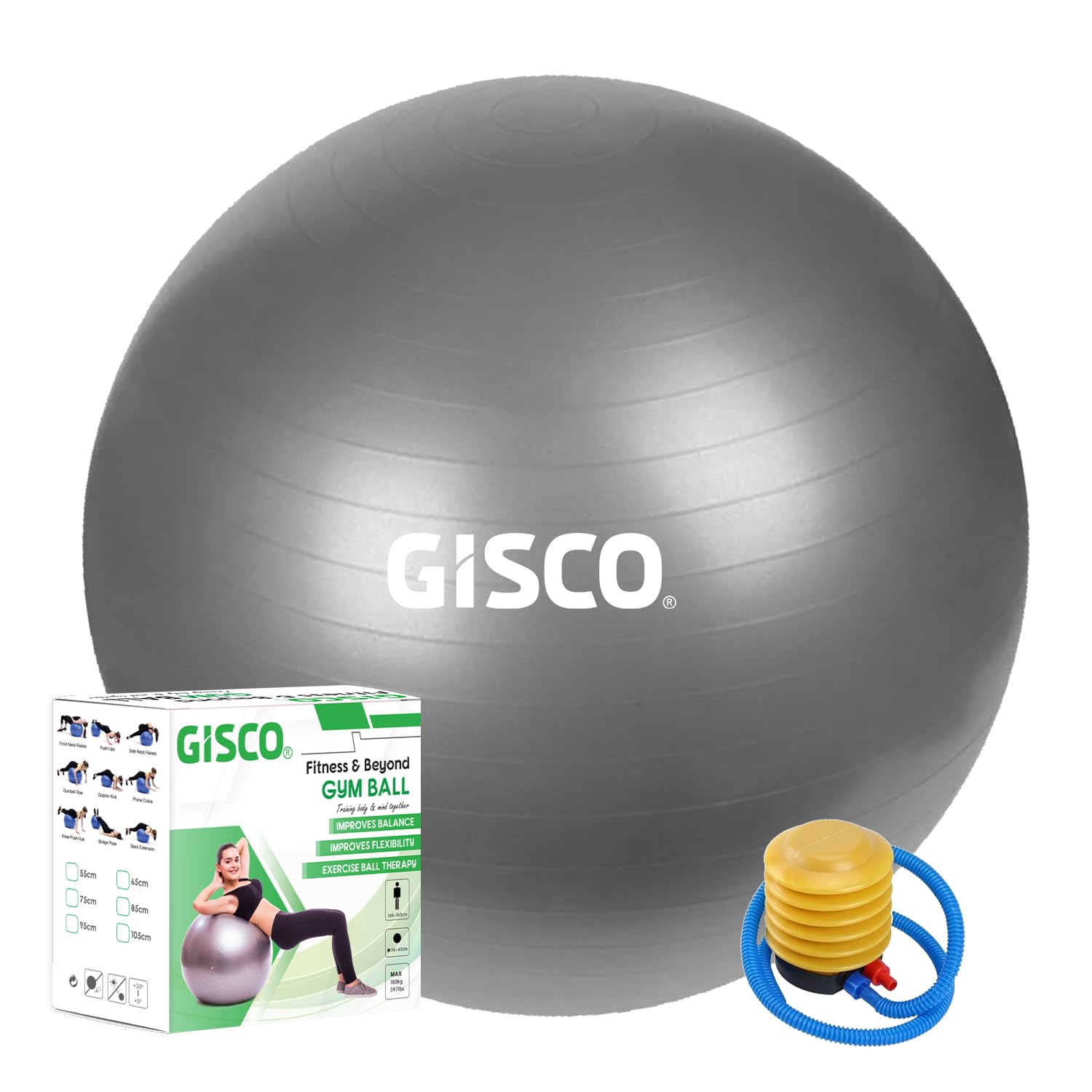GISCO Anti-Burst Rubber Gym Ball with Free Foot Pump | Round Shape Swiss Ball for Exercise, Workout, Yoga, Pregnancy, Birthing, Balance & Stability (85 cm, Grey) (B0CQNTCKFV) Amazon Price History, Amazon Price Tracker