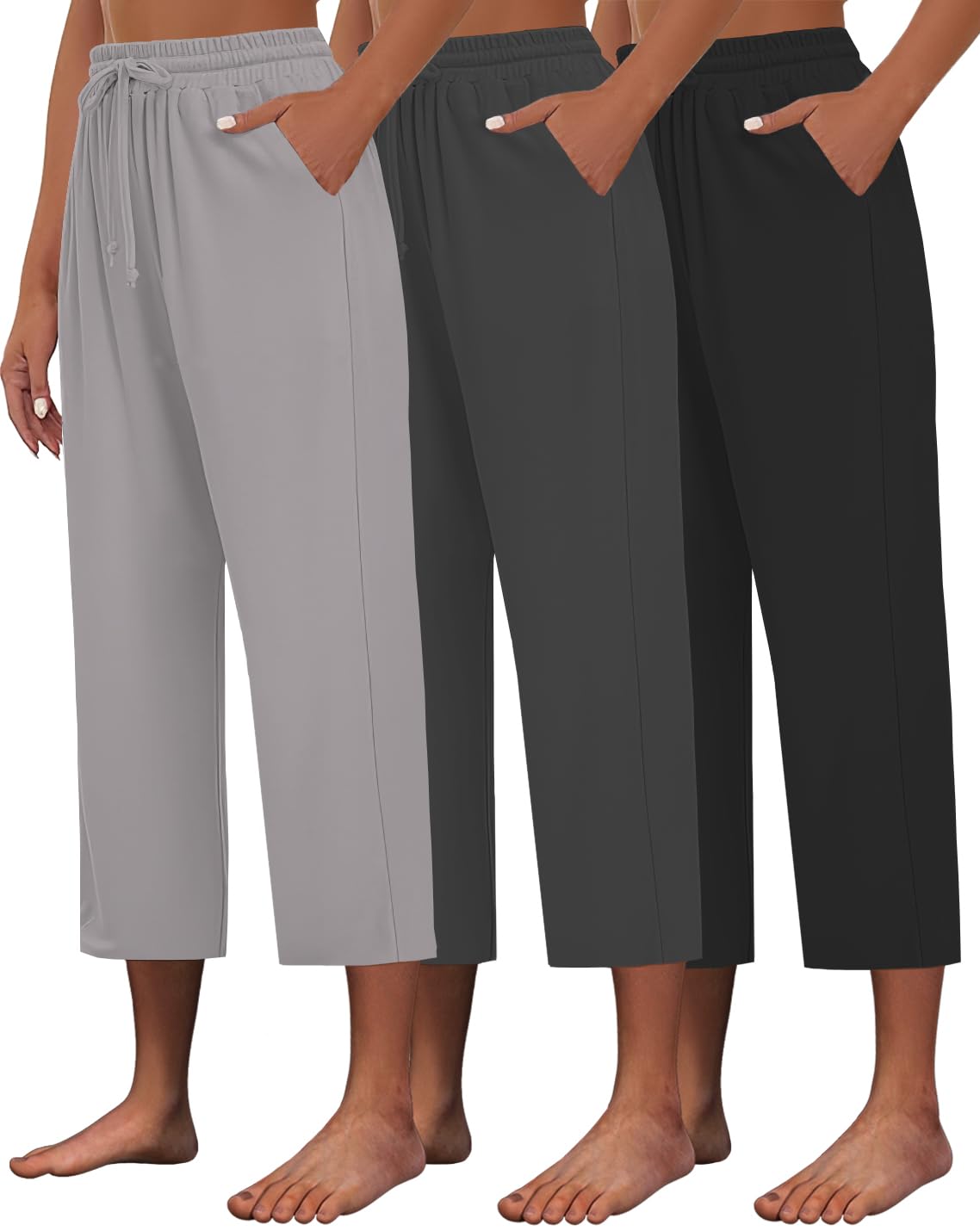 Kivdol 3 PACK Womens Capri Pants Loose Yoga Pants Wide Leg Drawstring Comfy Lounge Pajama Capris Loose Sweatpants with Pocket