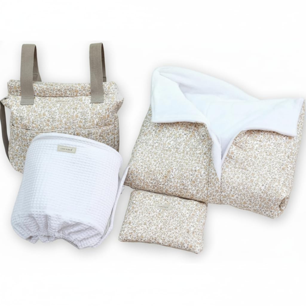 Pack vestidura capazo Universal - Regalo recién Nacido - Vestidura Universal Capazo, Bajera, Bolso y Arrullo Invierno 0-6 Meses (Ecru, Vestidura, arrullo, Bajera y Bolso) | Diseño exclusivo