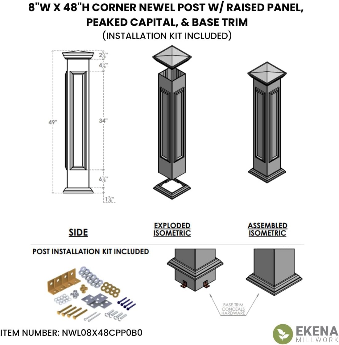 8"W x 48"H Corner Newel Post with Panel, Peaked Capital & Base Trim (Installation kit Included)