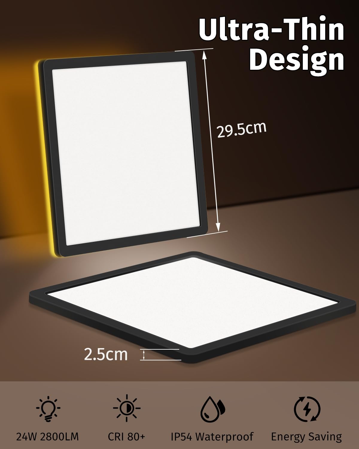 Bowfar Plafonnier LED, 24W 3200LM Carré Lampe de Salle de Bain avec télécommande, intensité 3000K-6500K, veilleuse 1800K Ambre, Plafonnier pour cuisine couloir chambre à coucher, Ø29,5 x 2,5cm-noir