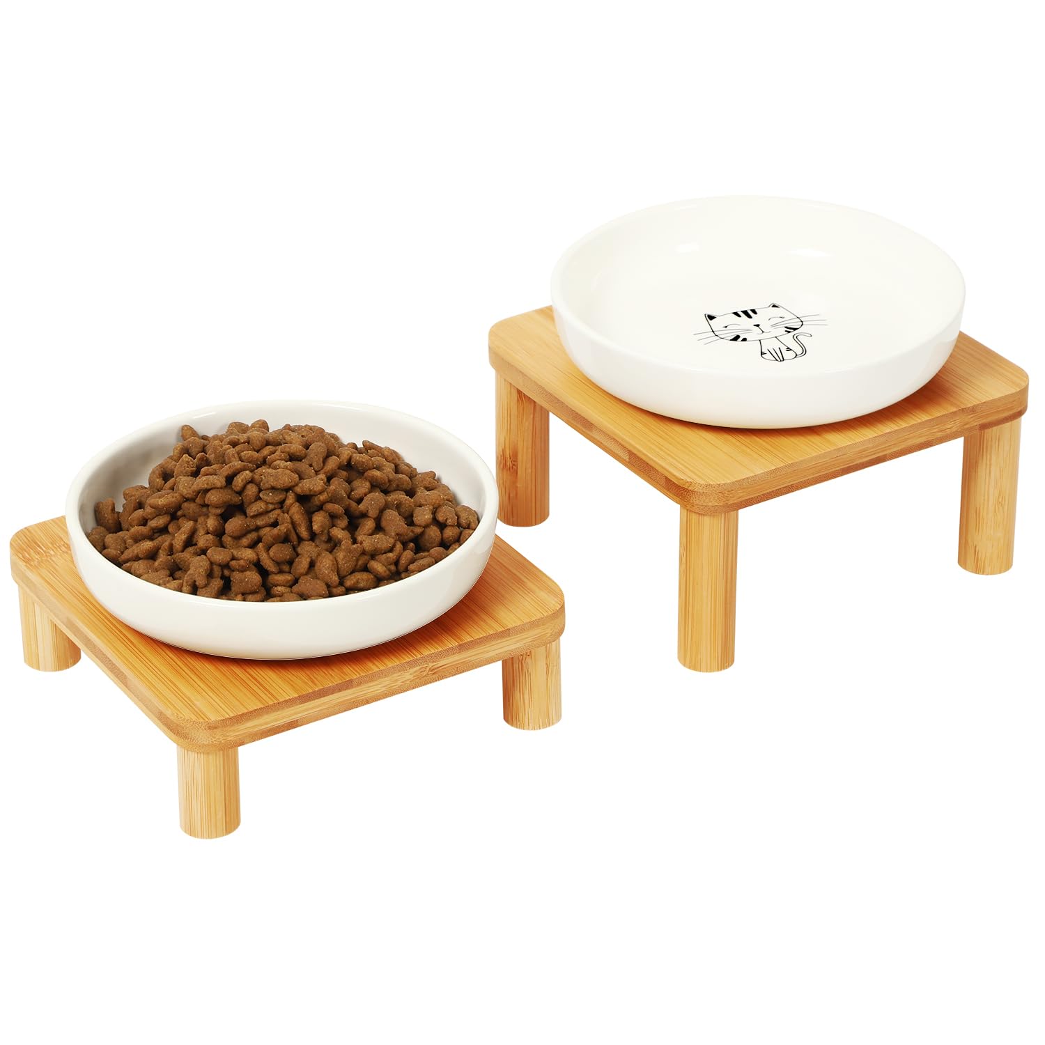 Elevated Cat Bowls for Indoor Cats – Raised Bamboo Cat Bowl Stand with 5.75 Inch Wide Ceramic Dishes, Pet Food Plate Table for Easy Feeding, Whisker Friendly(White,Set of 2)