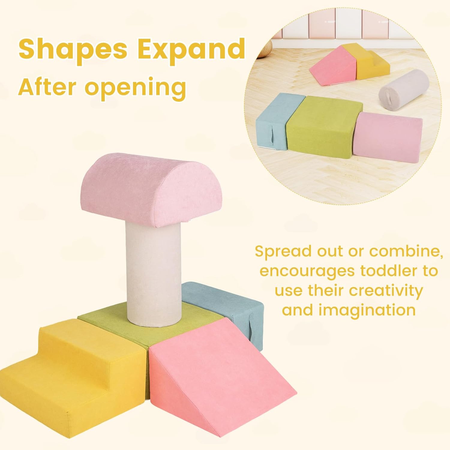 INFANS Climbing Toys for Toddlers, 6pc Kids Climb and Crawl Soft Foam Block Activity Structure Play Set with Chenille Fabric, Indoor Foam Play Gym for Baby Crawling and Sliding