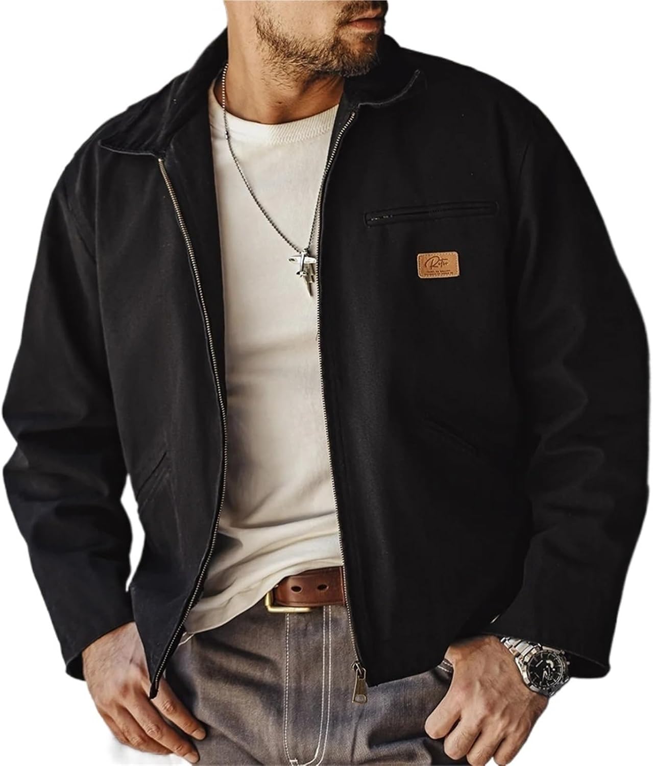 Men's Heavyweight Canvas Work Jacket Lapel Collar Utility Pockets Zip-Up Spring Fall Casual Outerwear