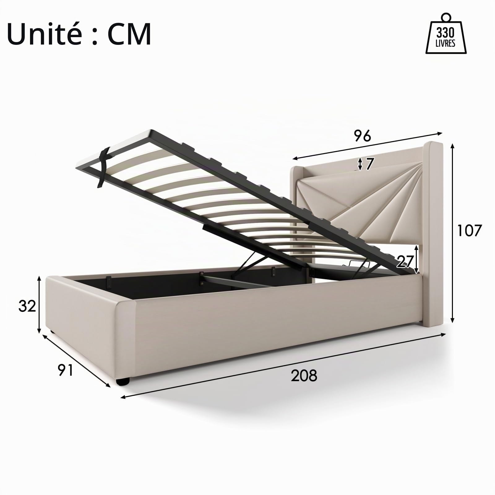 KOMHTOM Lit Simple Rembourré avec Rangement sous Lit, Lit Plateforme Capitonné avec Tête de Lit, Cadre de Lit, Sommier à Lattes en Bois, Beige(sans Matelas) (90x200CM)
