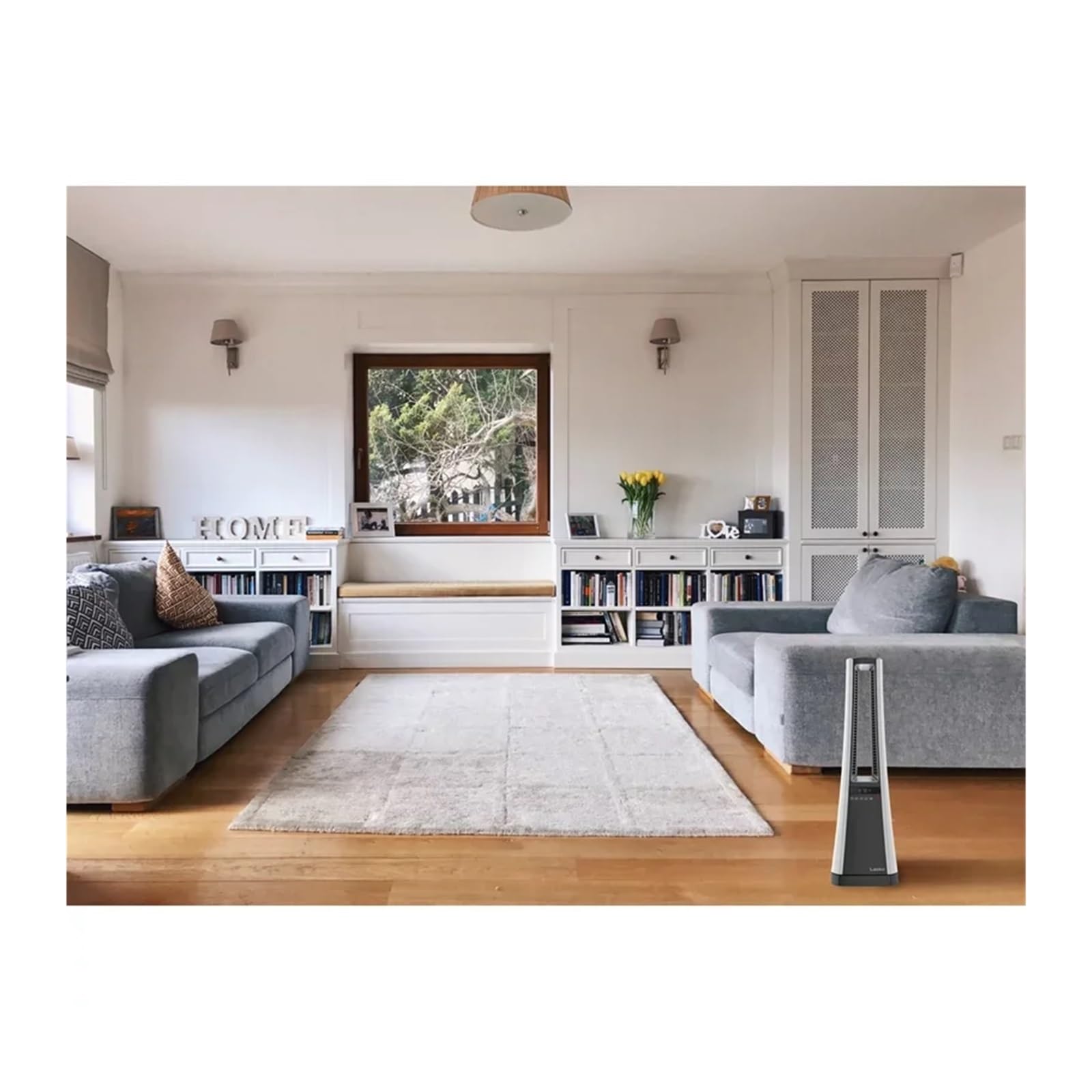 Calefactor de Torre oscilante sin aspas de 1500 W con Control Remoto y Temporizador, AW300, Blanco/Gris