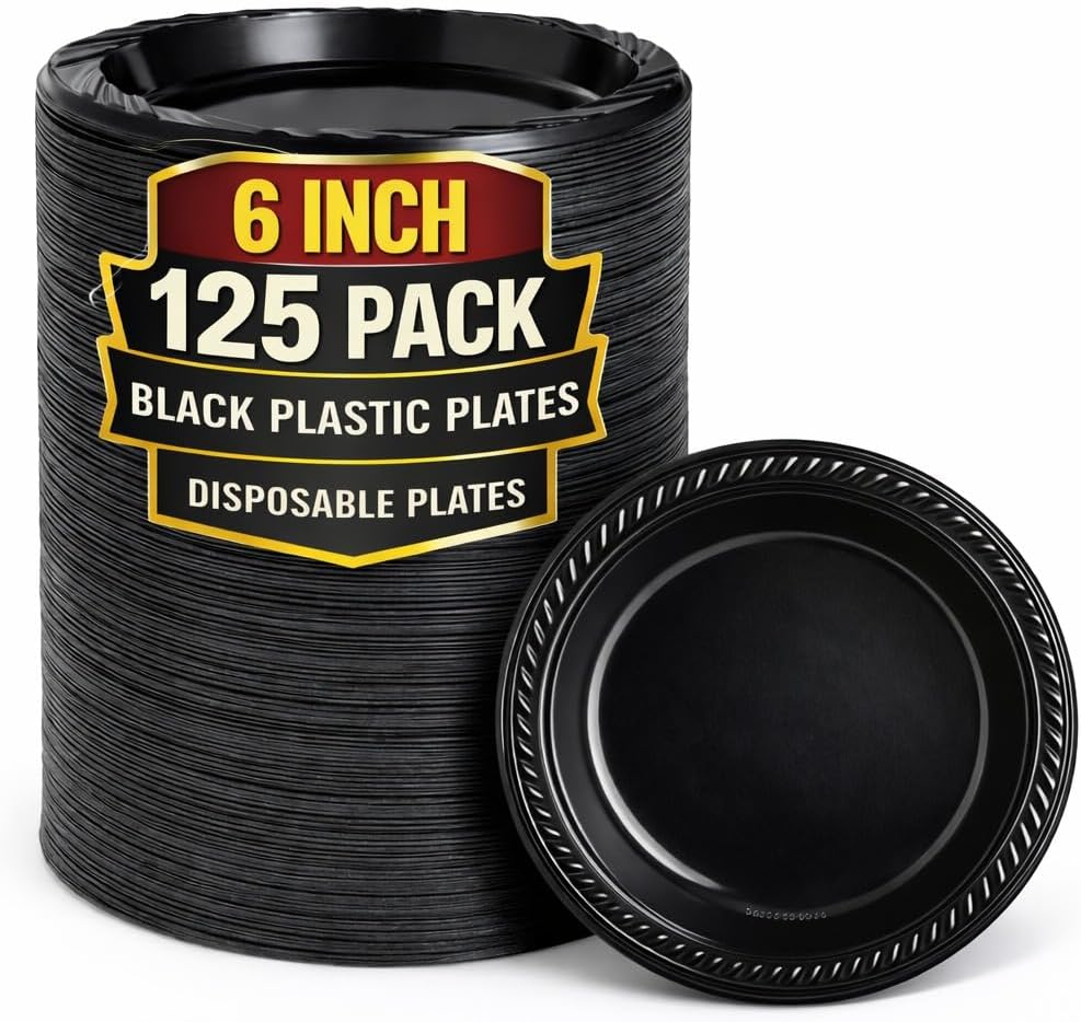 Black Plastic 6 Inch Round Dessert Plates, Disposable, Pack of 125
