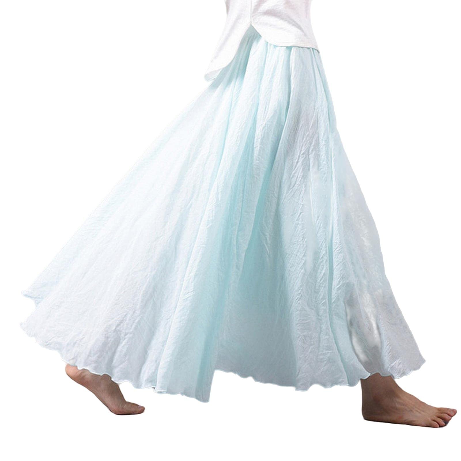 Falda larga de lino para mujer, falda larga de algodón con cintura elástica, plisada, maxi faldas de playa vintage de verano, azul celeste, 40