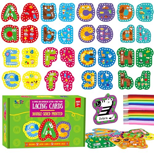 Image of 52 PCS Lacing Cards, 26 Double-Sided Uppercase & Lowercase Sewing Cards with 52 Colorful Laces, Imagination Development Lacing Toy Games Educational and Learning Activity for Preschoolers, Children