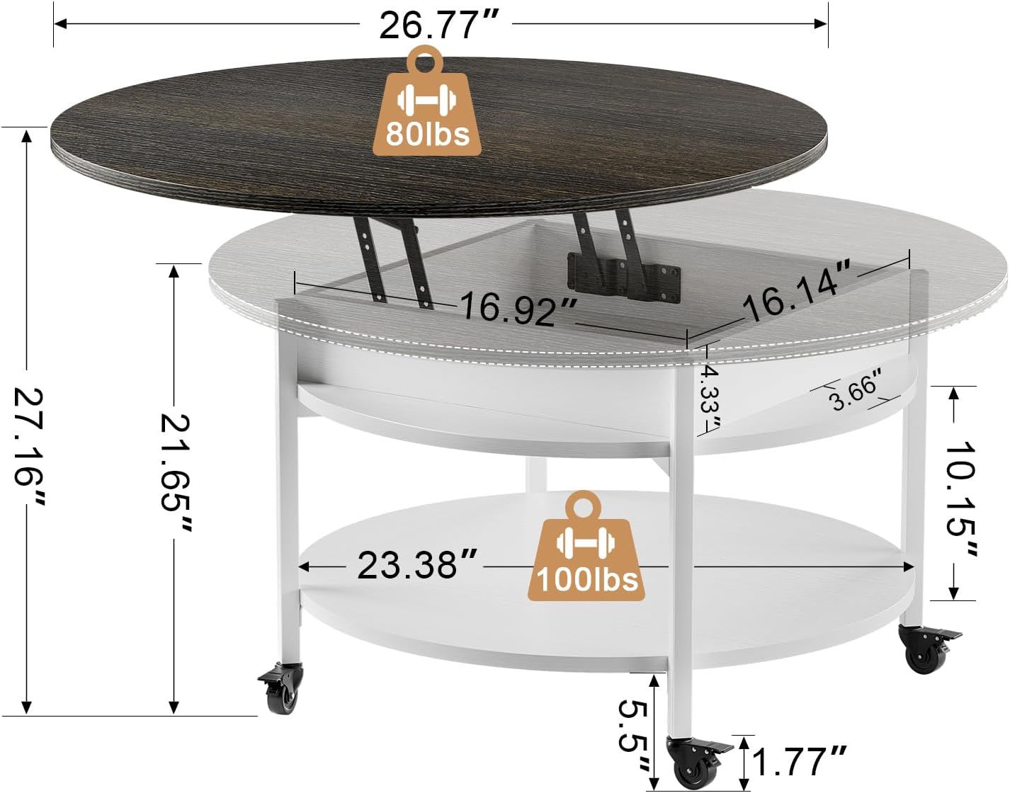 Dimensions of the FABATO Round Lift Top Coffee Table