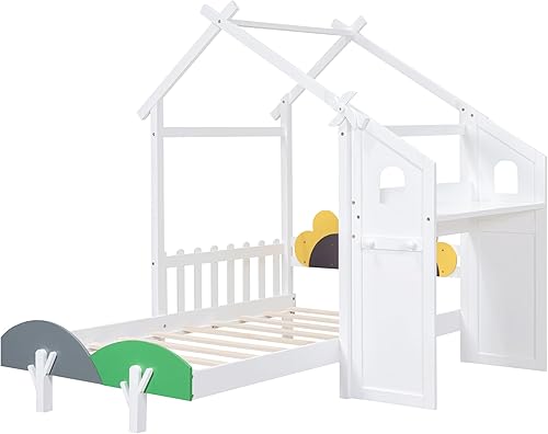 Miniatura 193 de Cama de casa de tamaño individual con 2 cajones, marco de cama de madera y barandilla de seguridad. Ahorra espacio, ideal para el dormitorio de un