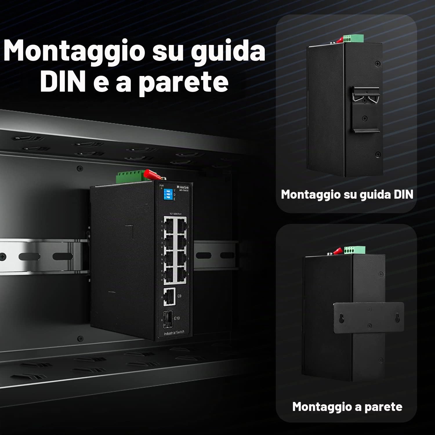 MokerLink Switch industriale DIN Rail a 10 porte, 8 porte 100 Mbps, 1 Gigabit Ethernet e 1 SFP uplink, DIN Rail & Wall Mount