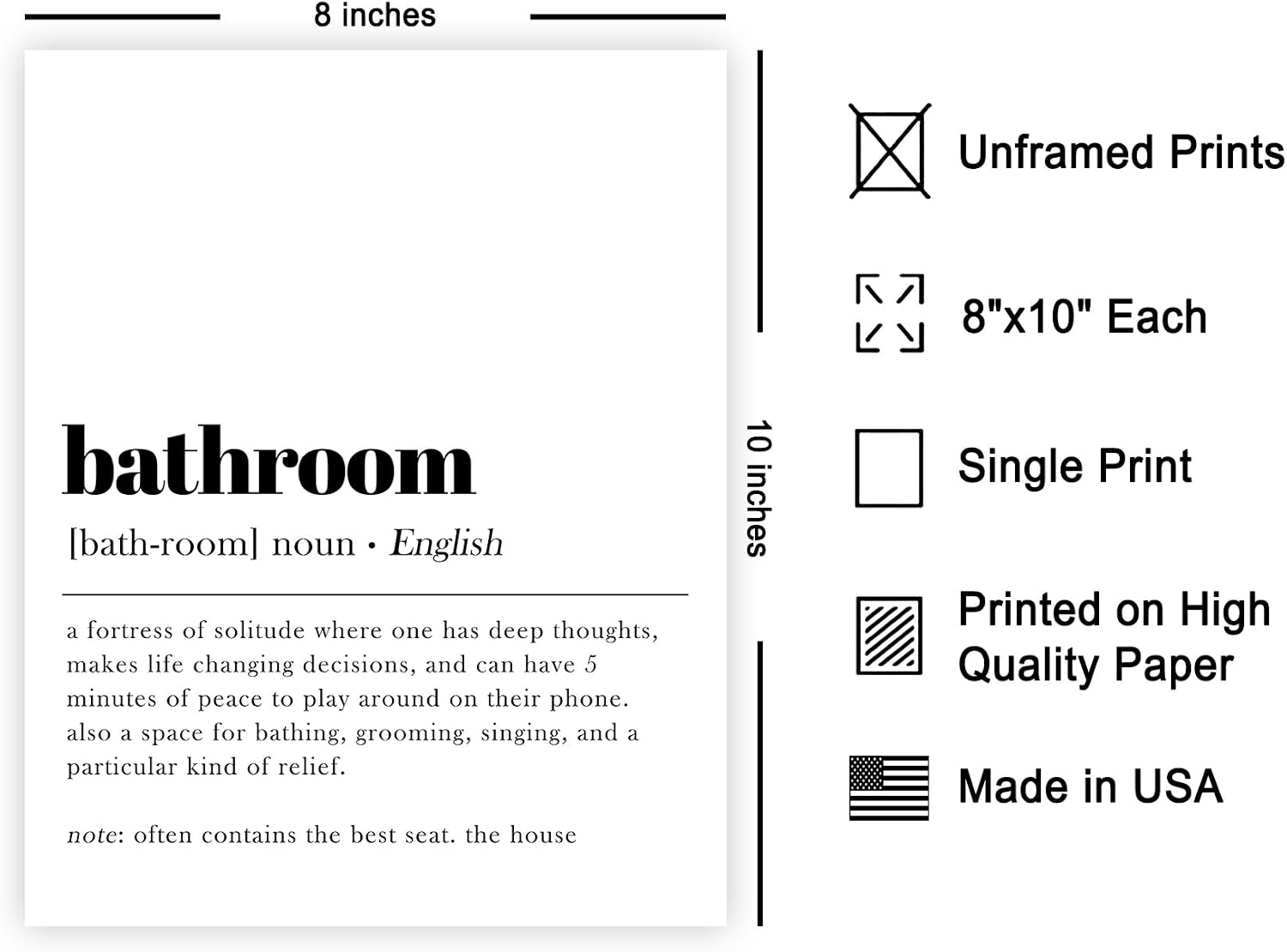 Poster Master Dictionary Art Poster - Bathroom Definition, Best Seat In The House, Joke, Humor, Minimalist - 8x10 UNFRAMED Wall Art - Gift for Family, Friend - Funny Print - Wall Decor for Restroom