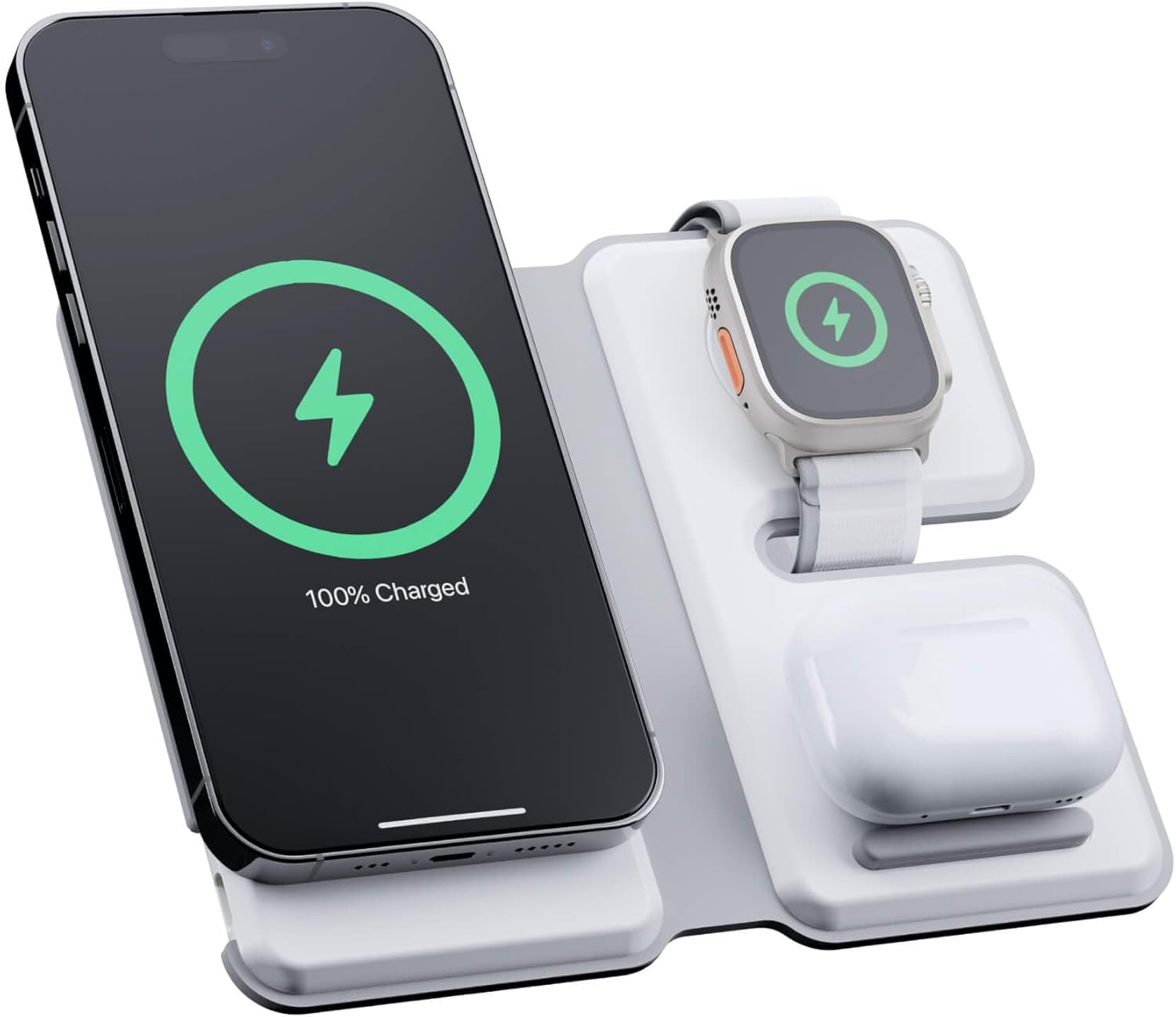 NYTSTND 3-in-1 Wireless Charger, 15W Foldable Fast Charging for Phone, Watch, Earpbuds Trio Travel, Wireless Charger Stand, MagSafe iPhone 17/16/15/14/13/12 Series & iWatch & AirPods