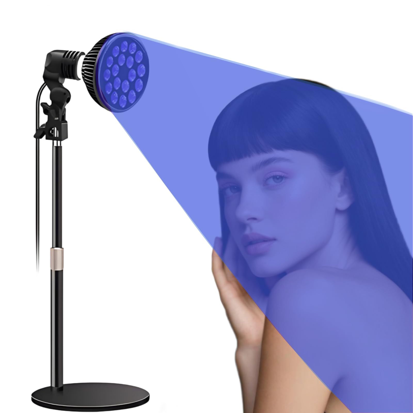 Lampada abbronzante per viso e corpo: 18 LED con terapia della luce blu da 54 W e lunghezza d'onda 460 nm, base e supporto regolabili in altezza, E27, occhiali autoabbronzanti per uso domestico