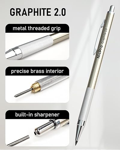 Miniatura 3 de Nicpro Juego de 5 lápices mecánicos de metal en estuche lápices de dibujo de 03 y 05 y 07 y 0035in y 0079in 4B 2B HB 2H repuestos de plomo negro y