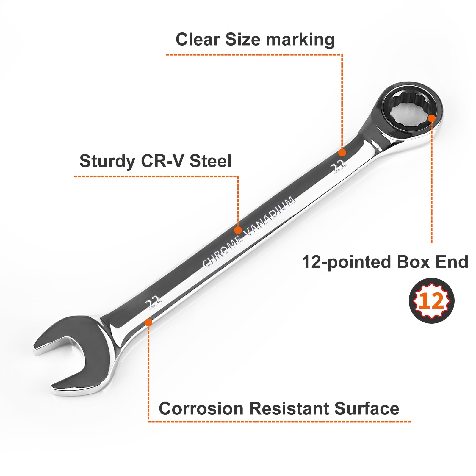 EGOFINE 22mm Ratcheting Combination Wrench Metric, Industrial Grade Gear Spanner with 12-Point Design, 72-Tooth Ratchet - Image 2