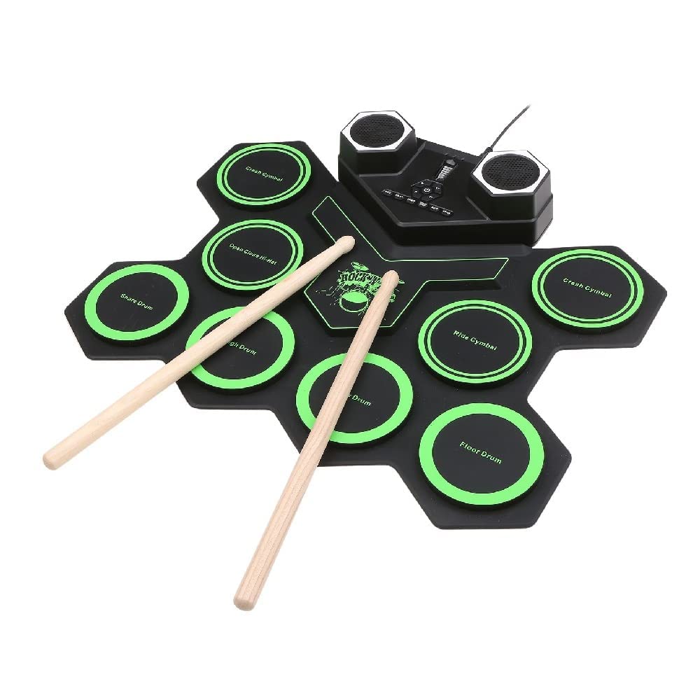 Kit de batería plegable portátil con USB, batería electrónica plegable, batería portátil para principiantes, kit de batería plegable (color: verde)