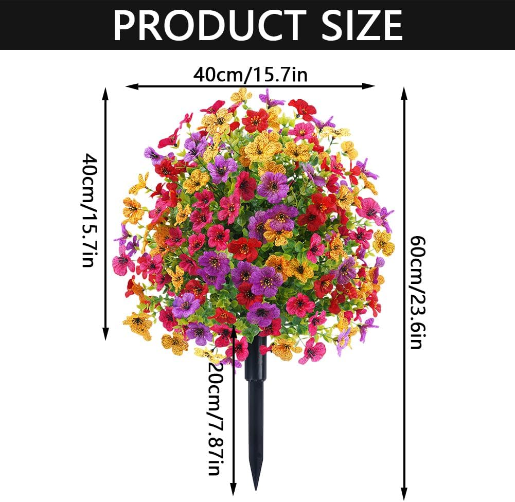 Set of 2 Artificial Boxwood Topiary Ball Bushes with Violet Flowers Outdoor Plants with Ground Spike,23.6inch UV Resistant Faux Bushes Fake Artificial Shrubs for Garden,Porch Decor