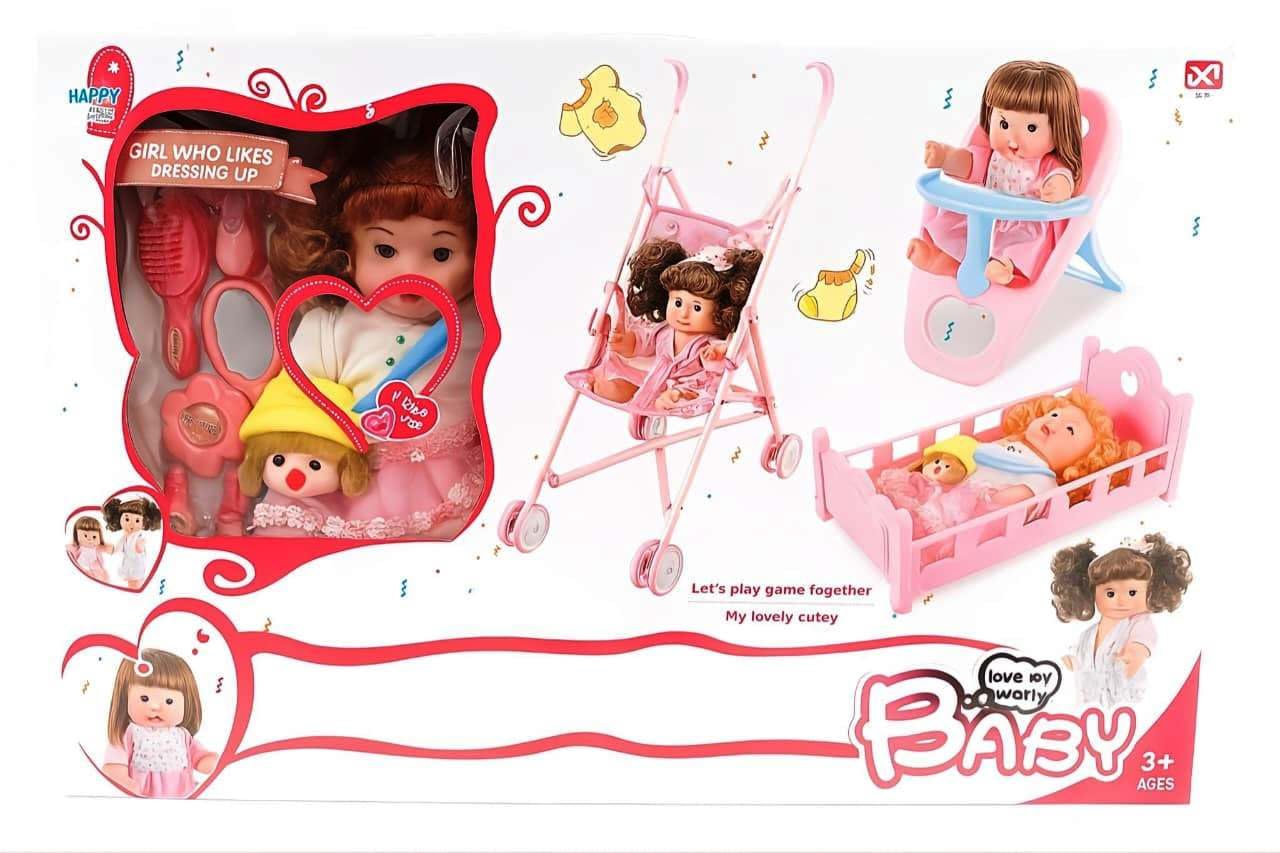 Baby Doll Stroller Foldable Baby Pram Trolley with Doll Assembled Pretend Play Carrier Stroller Toy