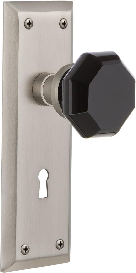 Nostalgic Warehouse 721875 New York Plate with Keyhole Passage Waldorf Black Door Knob in Satin Nickel, 2.75