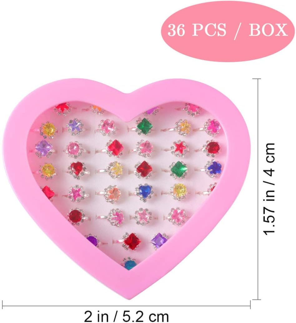 Tomaibaby 36pcs Little Girl Jewel Rings in Box Childrens Toys Rings Set