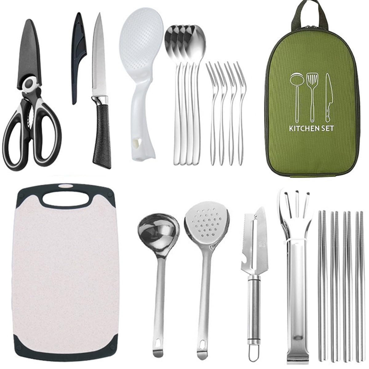 21/9 Teiliges Camping Geschirr Set Edelstahl, Picknick Camping Besteck Set, Outdoor Reisebesteck aus Edelstahl mit Messer, Gabel, Löffel für Reisen, Wandern (21, Grün)
