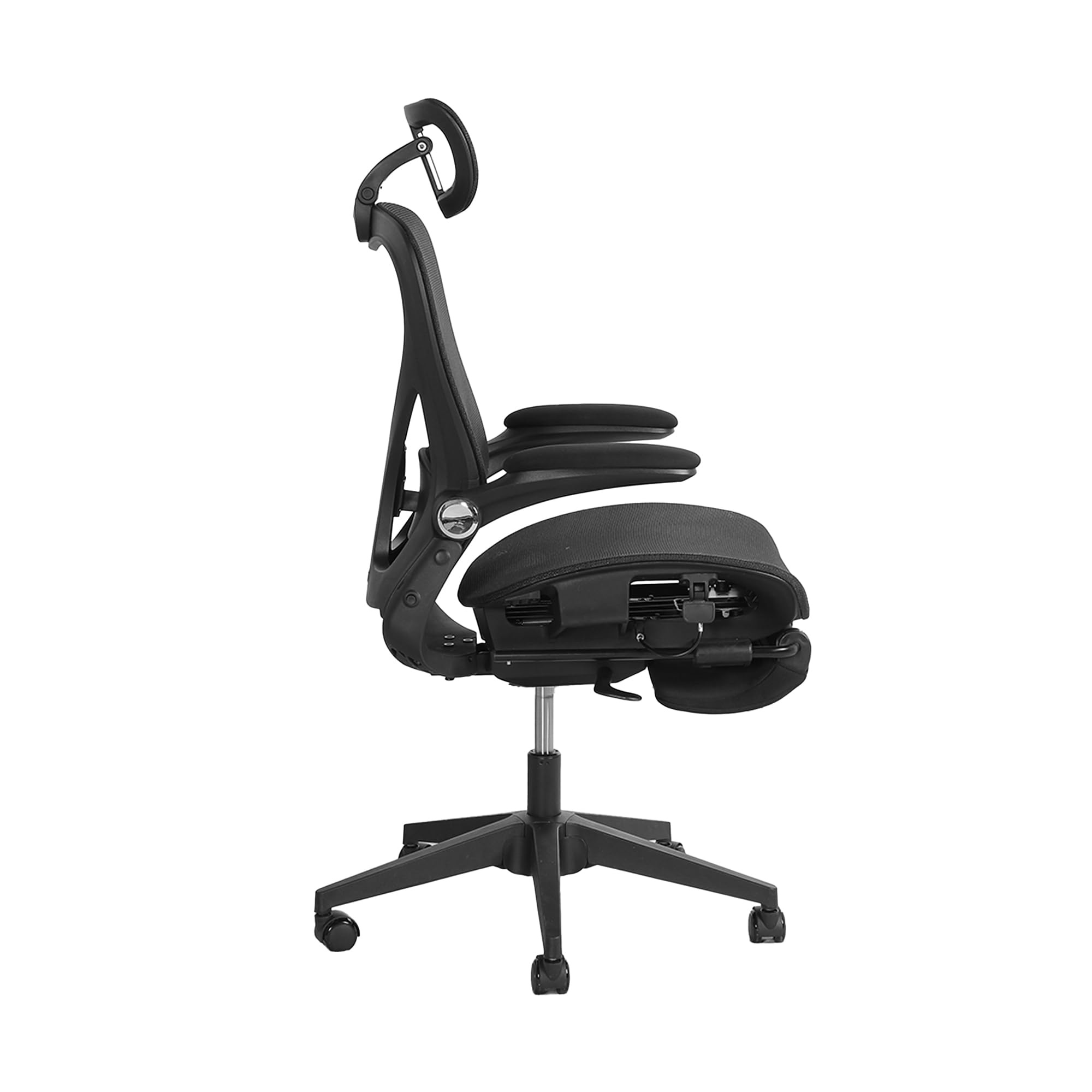 MURUL Silla de oficina ergonómica plegable negra con soporte lumbar, respaldo de malla y cojín de asiento, reposabrazos plegables, reposacabezas 3D, reposapiés, altura ajustable