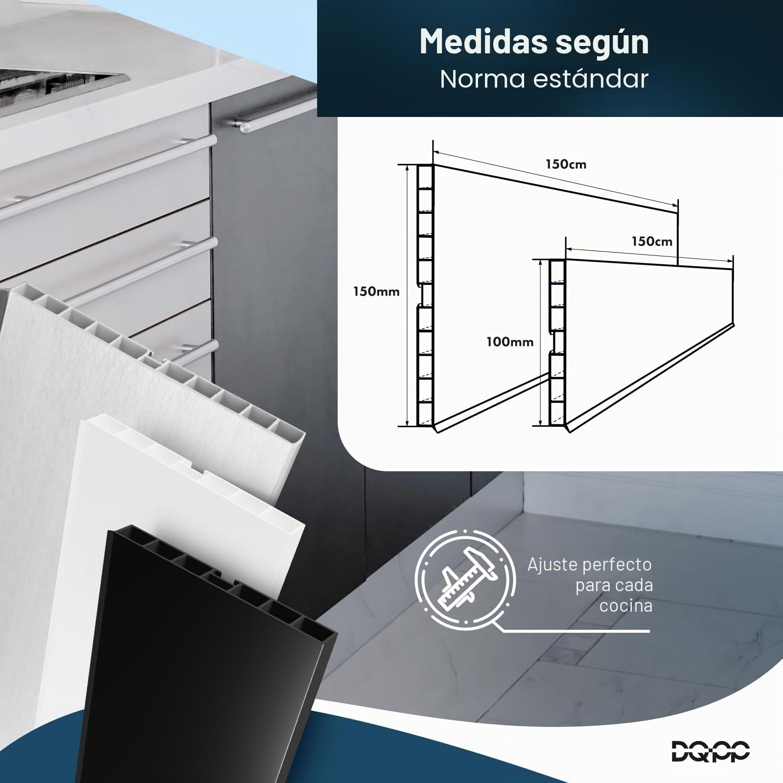 DQ-PP Zócalo de Aluminio Cepillado y Plástico para Cocina Empotrada - 1,5 m, 150 mm - Rodapiés y Perfil de Zócalo
