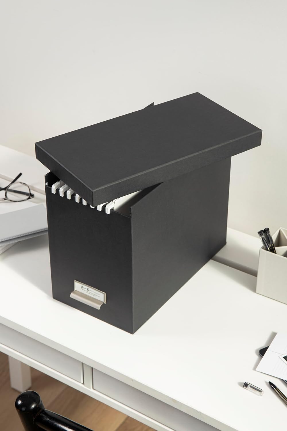 Bigso Box of Sweden File Organiser Storage Unit - Stylish Organiser Box Including 8 Hanging Files - Container for Folders Made of Fibreboard and Paper - Dark Grey