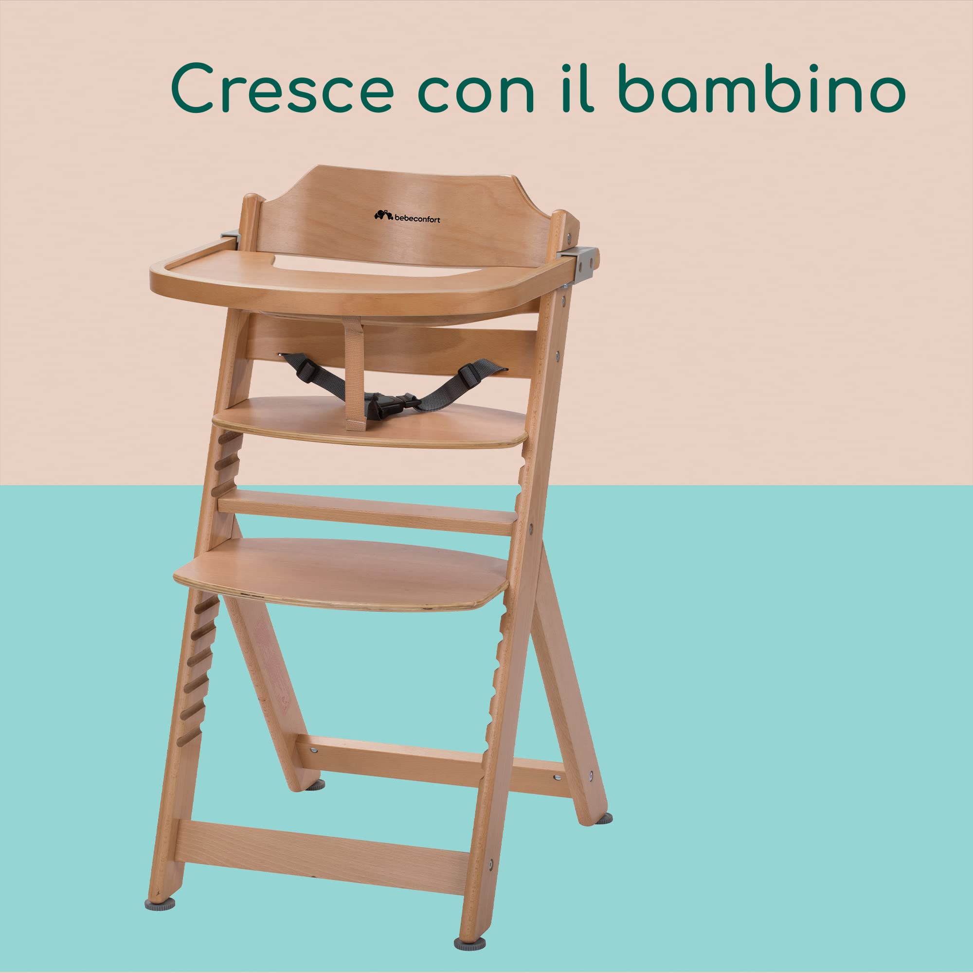 Bebeconfort Timba Seggiolone Evolutivo in Legno naturale, 6 mesi-10 anni, 30 kg, Seggiolone Pappa per bambini, con Vassoio, Seduta e poggiapiedi regolabili, compatibile con sdraietta Timba Baby
