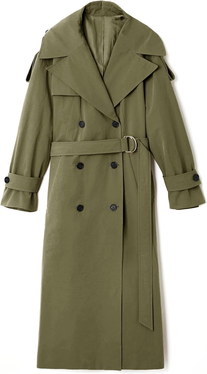 Farktop Womens Oversized Long Trench Coat Double Breasted Lapel Windproof Overcoat with Belt - Image 4