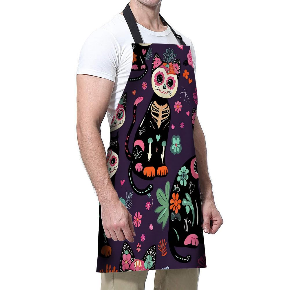 Delantal de cocina con dibujos animados de gatos, color verde, delantal de cocinero impermeable para mujeres y hombres, 31 x 27 pulgadas