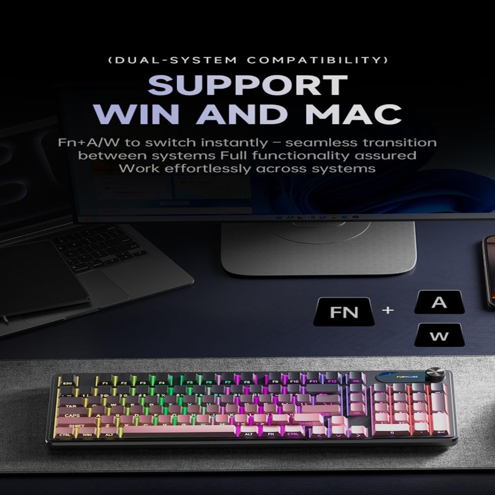 98 nasadek klawiszy PBT – wysokość MOA, wodoodporne, odporne na pot, olej, podświetlenie RGB 16,8 m, odłączany kabel USB-C i minimalny poziom hałasu, elegancka estetyka mechaniczna + prostota membrany